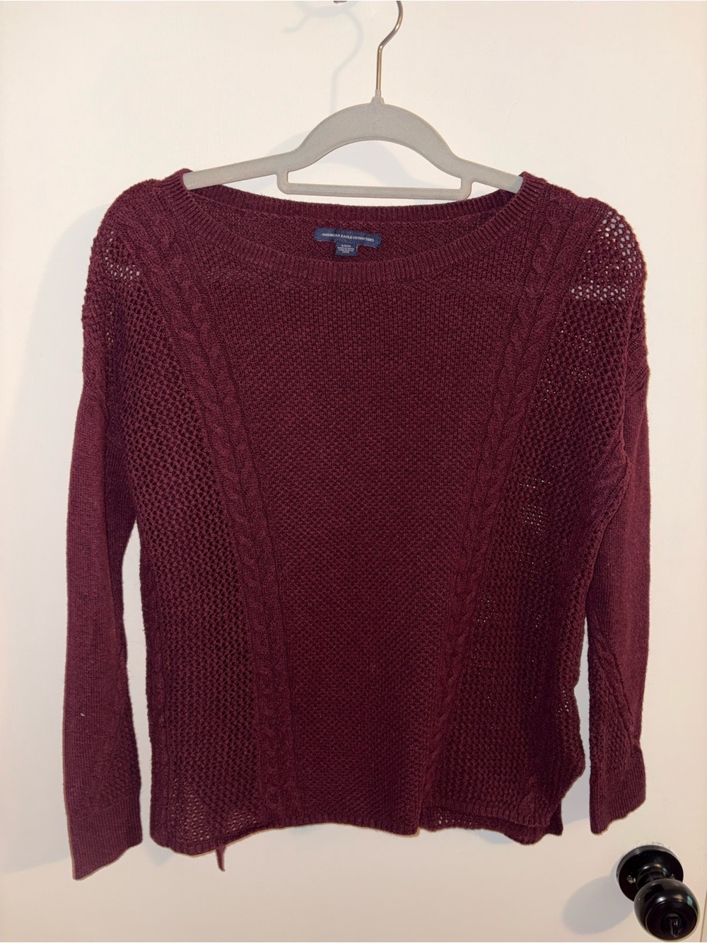 American Eagle Outfitters Burgundy Crewneck Sweater with Cable & Mesh Panels